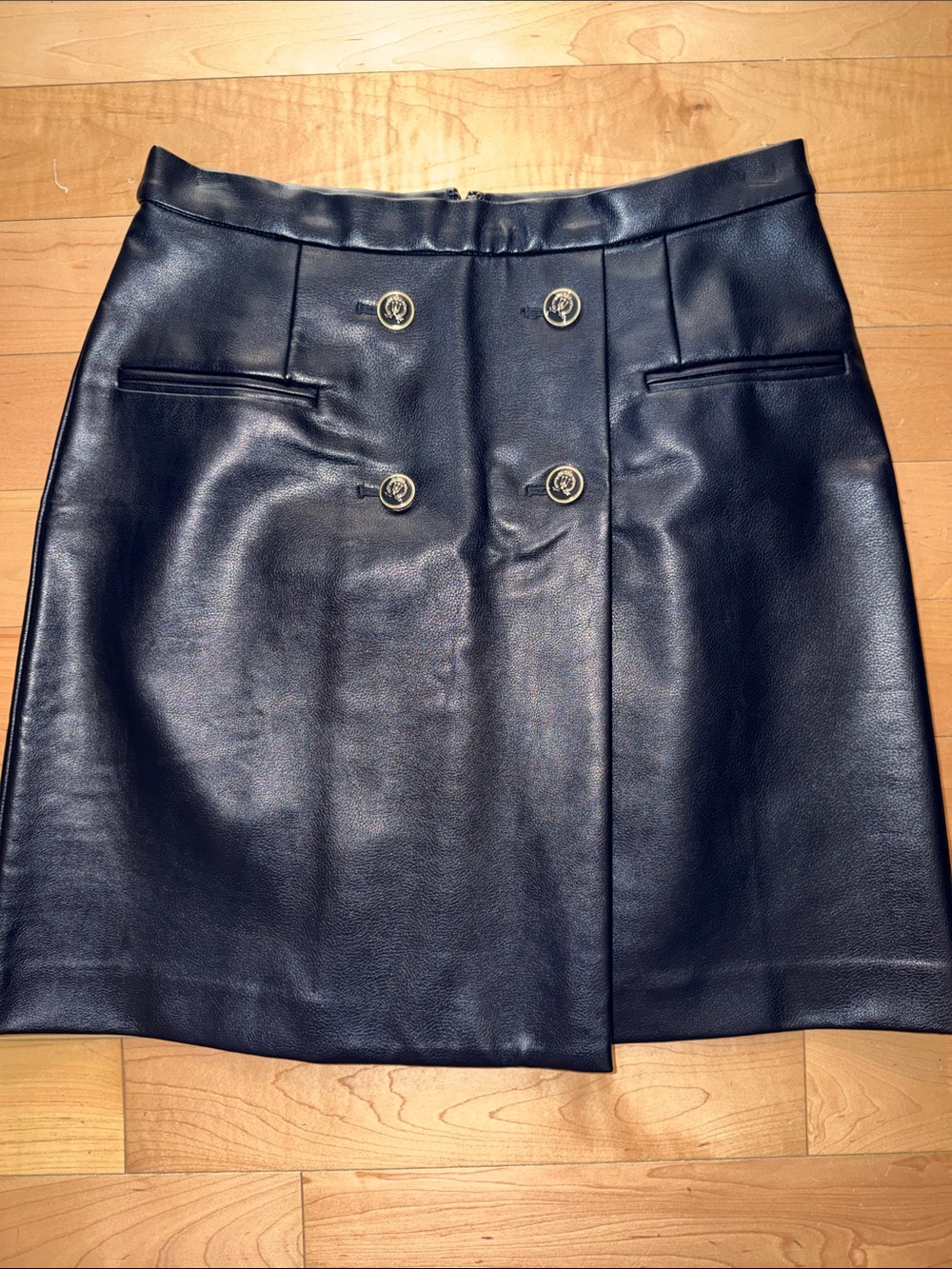 Ann Taylor Navy Faux Leather Double-Breasted A-Line Skirt Size 8
